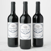 Navy Blue and Silver Wedding Ring Wine Label Wijn Etiket (Flessen)