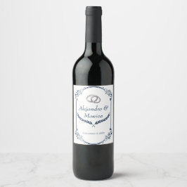 Navy Blue and Silver Wedding Ring Wine Label Wijn Etiket
