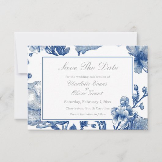 Navy Blue And Silver Wedding Save The Date Card (Voorkant)