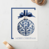 Navy Blue and White Chinoiserie Christmas Ornament Notitiekaartje (Voorkant / Achterkant in situ)