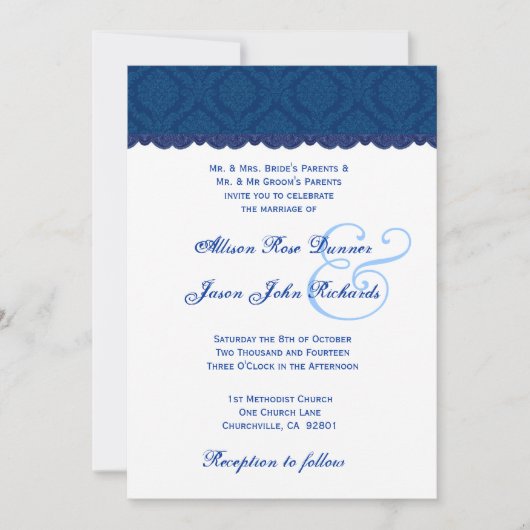 Navy Blue and White Damask Wedding V001 Kaart (Voorkant)