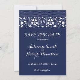 Navy Blue and White Lace Monogram Bewaar de datum Save The Date