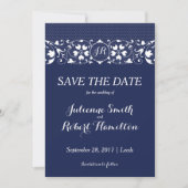 Navy Blue and White Lace Monogram Bewaar de datum Save The Date (Voorkant)