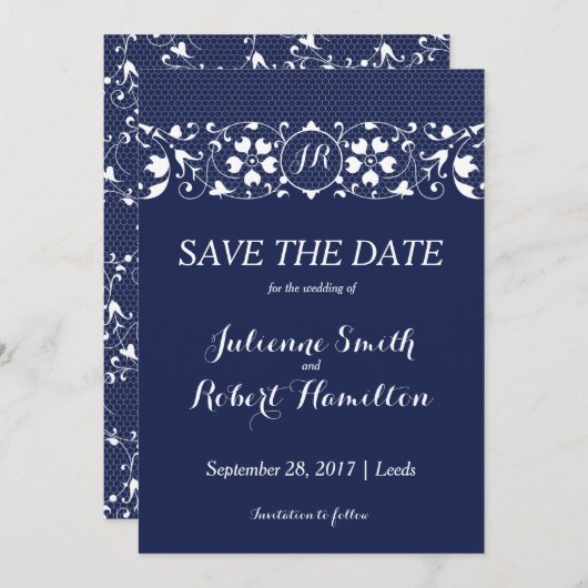 Navy Blue and White Lace Monogram Bewaar de datum Save The Date (Voorkant / Achterkant)