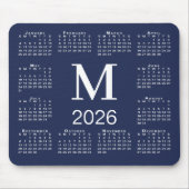 Navy Blue and White Monogram 2026 Calendar Muismat (Voorkant)