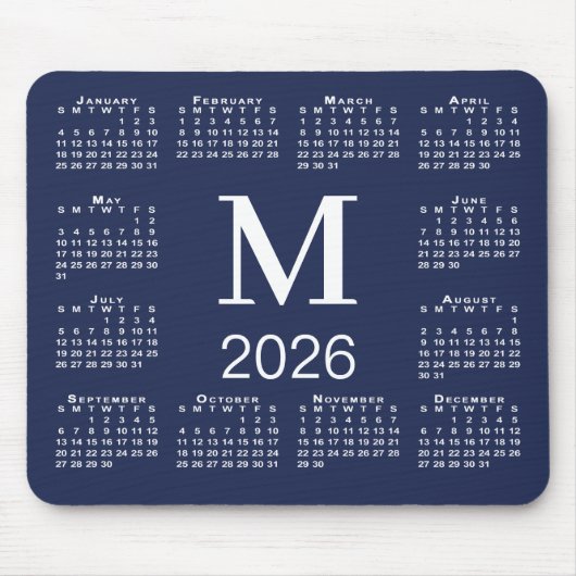 Navy Blue and White Monogram 2026 Calendar Muismat (Voorkant)