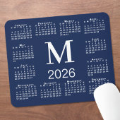 Navy Blue and White Monogram 2026 Calendar Muismat