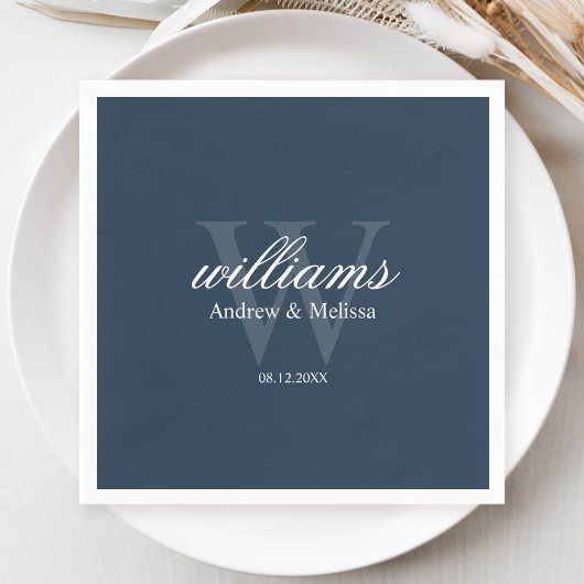 Navy Blue and White Monogram Wedding Servet