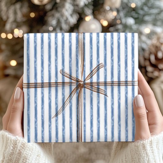 Navy Blue and White Stripe Coastal Christmas Cadeaupapier