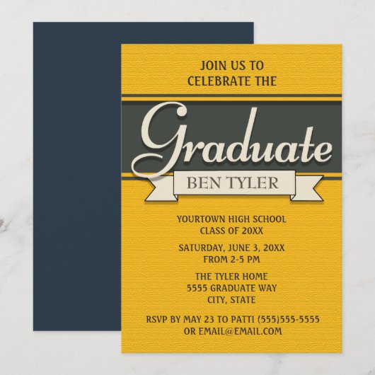 Navy Blue and Yellow Graduparty Invitation Kaart (Voorkant / Achterkant)
