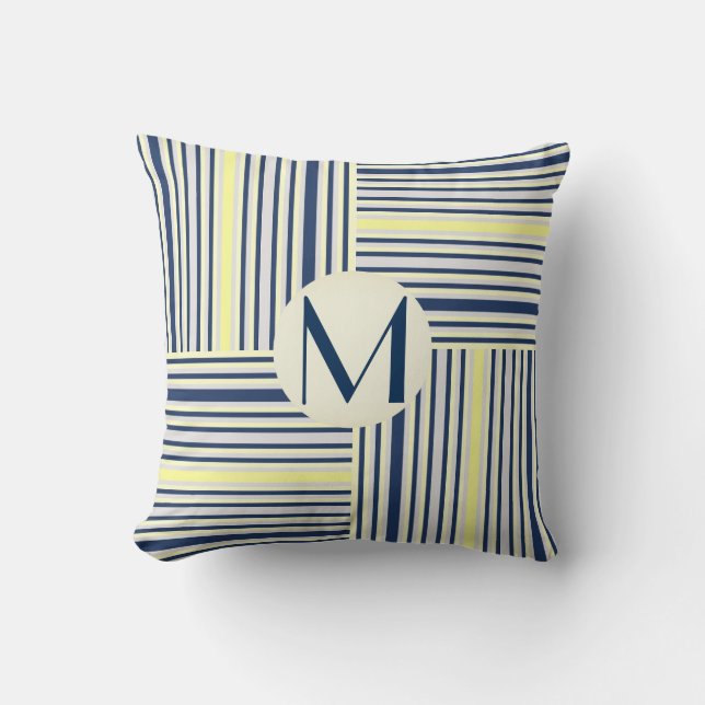 Navy Blue and Yellow Stripe Block Monogram Pillow Kussen (Voorkant)