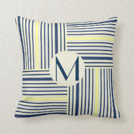 Navy Blue and Yellow Stripe Block Monogram Pillow Kussen
