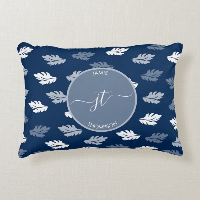 Navy Blue Antiek Leaves Monogram Accent Kussen (Voorkant)