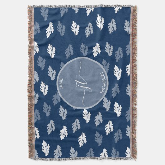 Navy Blue Antiek Leaves Monogram Deken (Voorkant Verticaal)