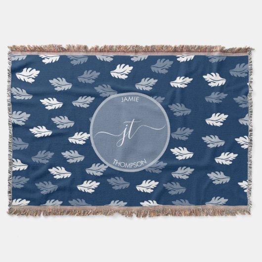 Navy Blue Antiek Leaves Monogram Deken (Voorkant)