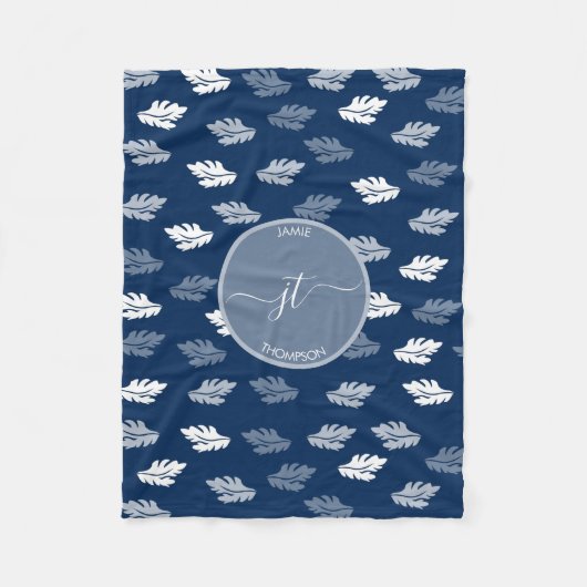 Navy Blue Antiek Leaves Monogram Fleece Deken (Voorkant)