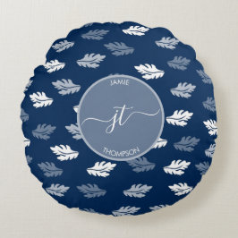 Navy Blue Antiek Leaves Monogram Rond Kussen
