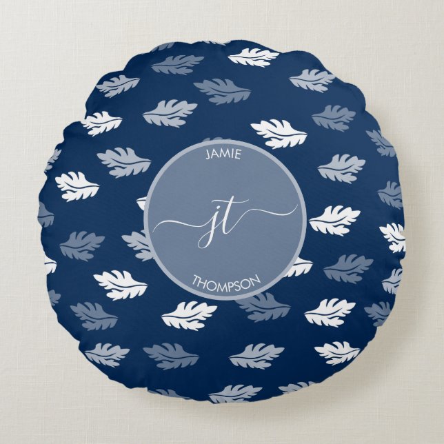 Navy Blue Antiek Leaves Monogram Rond Kussen (Voorkant)