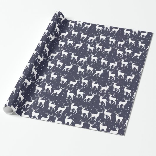 Navy Blue Antler Reindeerkerstpatroon Cadeaupapier (Uitgerold)