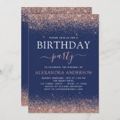 Navy Blue Any Age Birthday Roos Gold Pink Glitter Kaart (Voorkant / Achterkant)