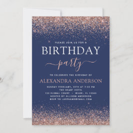 Navy Blue Any Age Birthday Roos Gold Pink Glitter Kaart