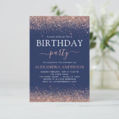 Navy Blue Any Age Birthday Roos Gold Pink Glitter Kaart (Staand voorkant)