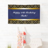 Navy Blue Any Age Gold Damask Birthday Banner (Insitu)