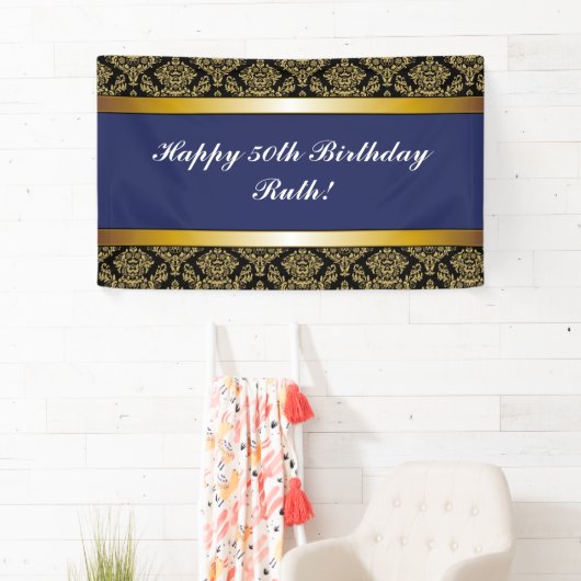 Navy Blue Any Age Gold Damask Birthday Banner (Insitu)