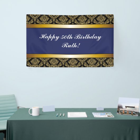 Navy Blue Any Age Gold Damask Birthday Banner (Beurs)