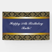 Navy Blue Any Age Gold Damask Birthday Banner (Horizontaal)