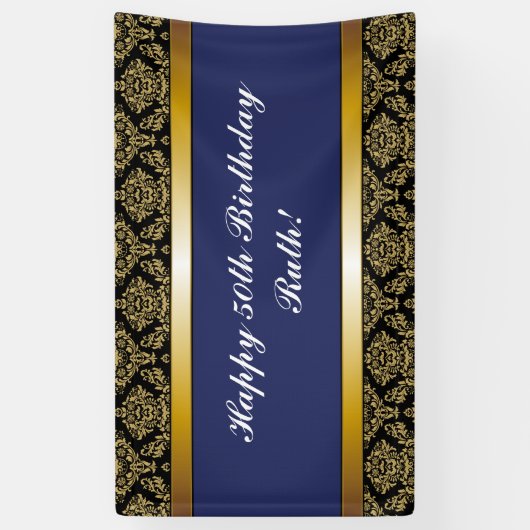 Navy Blue Any Age Gold Damask Birthday Banner (Verticaal)