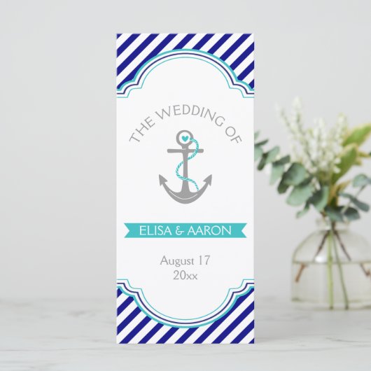 Navy blue, aqua nautical bruiloft programmakaart (Staand voorkant)