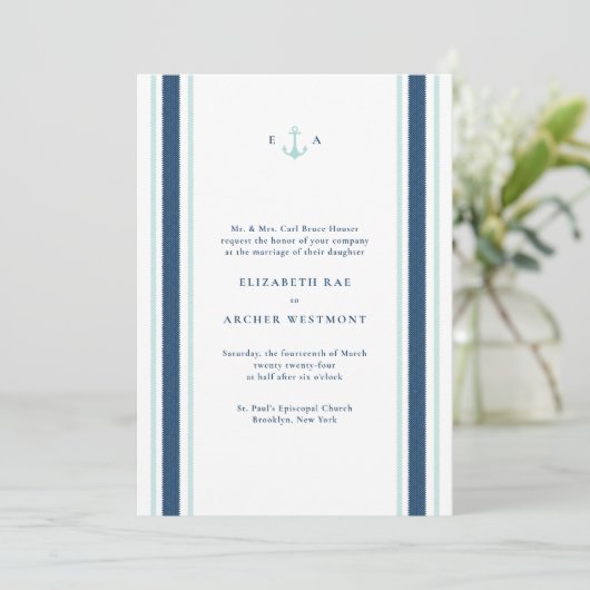 Navy Blue Aqua Nautical Stripes Coastal Wedding Kaart (Staand voorkant)
