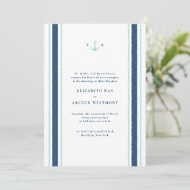 Navy Blue Aqua Nautical Stripes Coastal Wedding Kaart