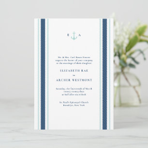 Navy Blue Aqua Nautical Stripes Coastal Wedding Kaart