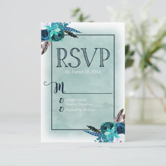 Navy Blue & Aqua Waterverf Bloemen bruiloft RSVP (Staand voorkant)