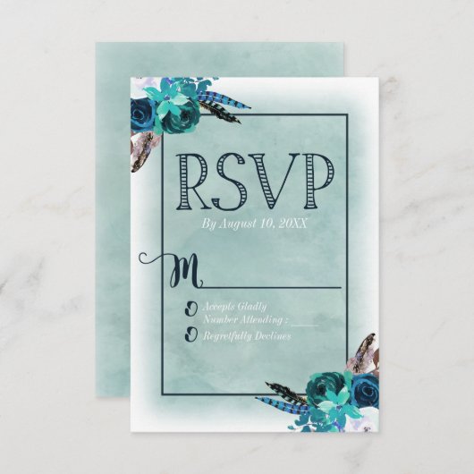 Navy Blue & Aqua Waterverf Bloemen bruiloft RSVP (Voorkant / Achterkant)