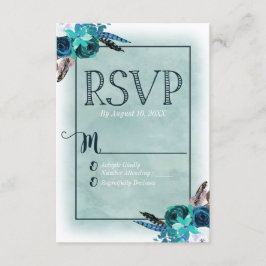 Navy Blue & Aqua Waterverf Bloemen bruiloft RSVP Kaartje