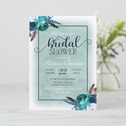 Navy Blue Aqua Waterverf bruids doucheuitnodiging Kaart (Staand voorkant)