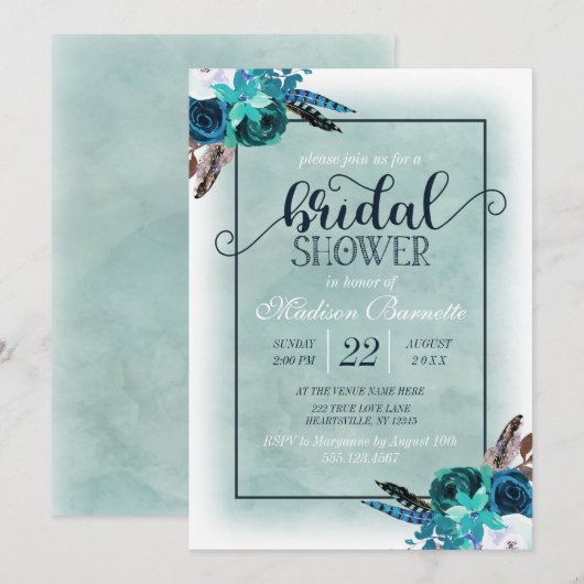 Navy Blue Aqua Waterverf bruids doucheuitnodiging Kaart (Voorkant / Achterkant)