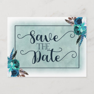 Navy Blue & Aqua Waterverf Bruiloft Save the Date Aankondigingskaart