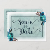 Navy Blue & Aqua Waterverf Bruiloft Save the Date Aankondigingskaart (Voorkant / Achterkant)