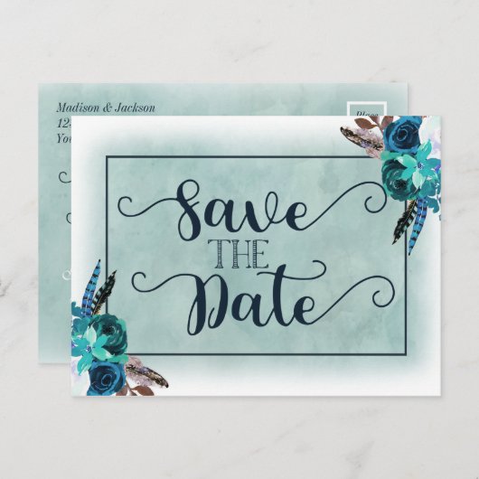 Navy Blue & Aqua Waterverf Bruiloft Save the Date Aankondigingskaart (Voorkant / Achterkant)