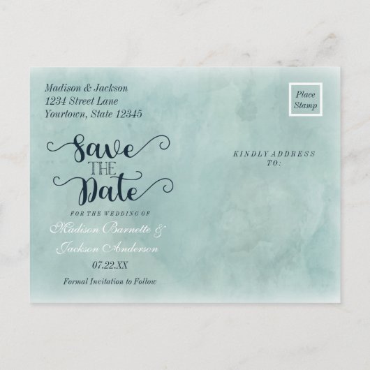 Navy Blue & Aqua Waterverf Bruiloft Save the Date Aankondigingskaart (Achterkant)