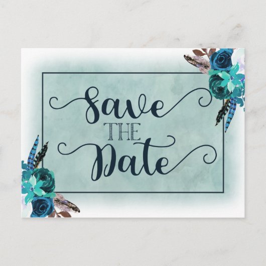 Navy Blue & Aqua Waterverf Bruiloft Save the Date Aankondigingskaart (Voorkant)