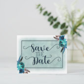 Navy Blue & Aqua Waterverf Bruiloft Save the Date Aankondigingskaart (Staand voorkant)