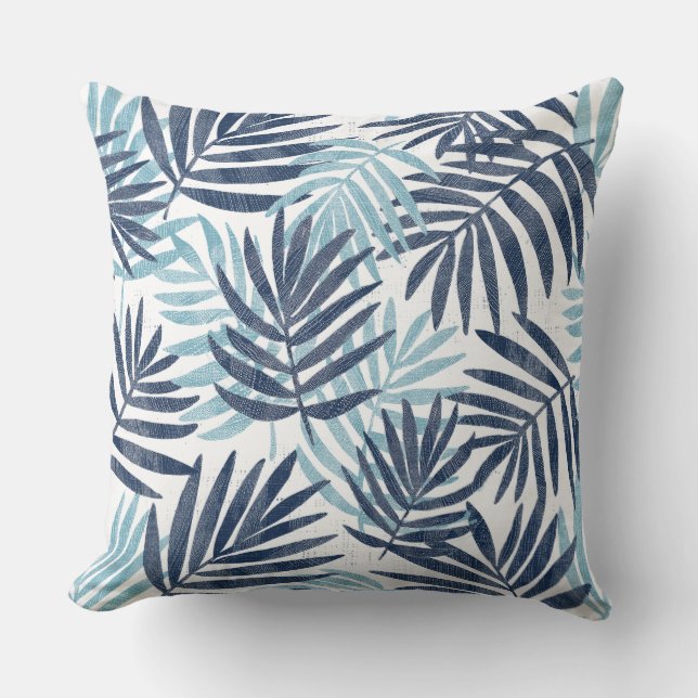 Navy Blue Aqua & White Palm Leaf Sierkussen (Voorkant)