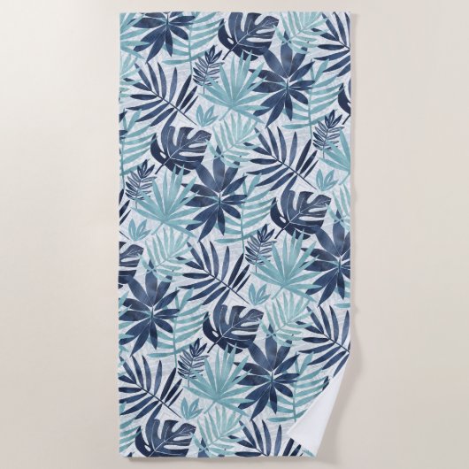 Navy Blue Aqua & White Palm Leaf Strandlaken (Voorkant)
