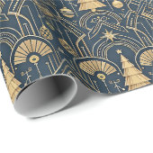 Navy Blue Art Deco Christmas Tree Pattern Cadeaupapier (Rol Hoek)