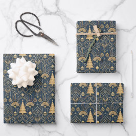 Navy Blue Art Deco Christmas Tree Pattern Inpakpapier Vel